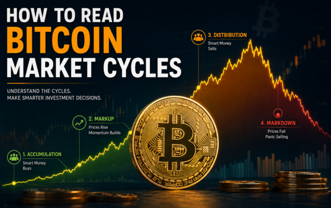 Alt Text: Featured image illustrating how to read Bitcoin market cycles, showing the four phases—accumulation, markup, distribution, and markdown—alongside a Bitcoin coin, price charts, and investment graphics on a dark financial-themed background.