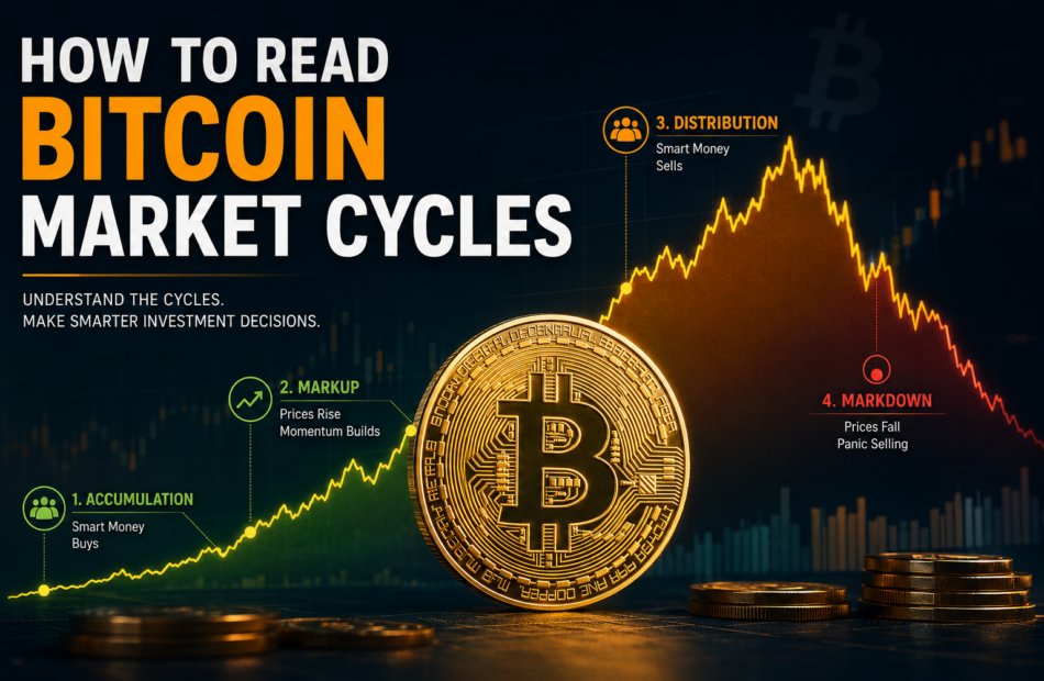Alt Text: Featured image illustrating how to read Bitcoin market cycles, showing the four phases—accumulation, markup, distribution, and markdown—alongside a Bitcoin coin, price charts, and investment graphics on a dark financial-themed background.