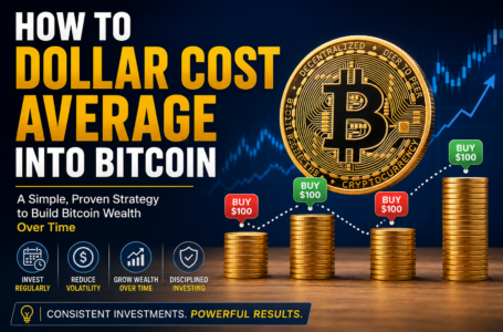 Illustration showing a Bitcoin coin, recurring $100 Bitcoin purchases, stacked coins, and an upward price chart representing a dollar cost averaging (DCA) investment strategy for long-term Bitcoin accumulation.