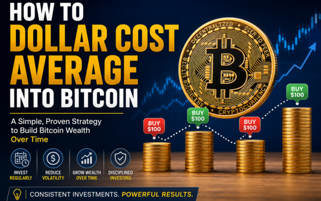 Illustration showing a Bitcoin coin, recurring $100 Bitcoin purchases, stacked coins, and an upward price chart representing a dollar cost averaging (DCA) investment strategy for long-term Bitcoin accumulation.