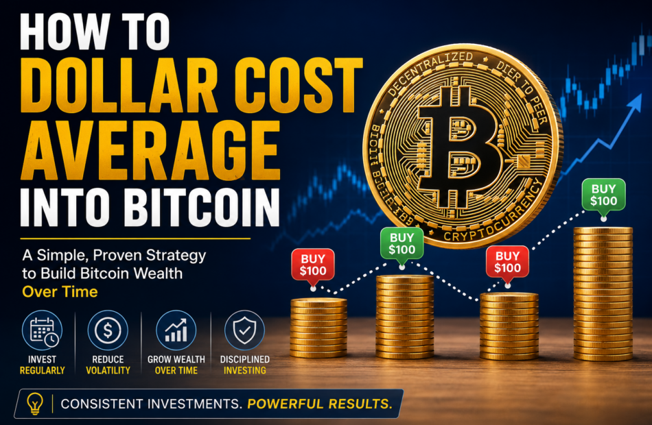 Illustration showing a Bitcoin coin, recurring $100 Bitcoin purchases, stacked coins, and an upward price chart representing a dollar cost averaging (DCA) investment strategy for long-term Bitcoin accumulation.