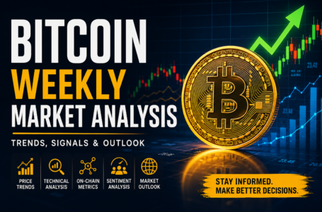 Bitcoin weekly market analysis dashboard featuring a gold Bitcoin coin, bullish price chart, technical indicators, on-chain metrics, market sentiment data, and cryptocurrency market trends.