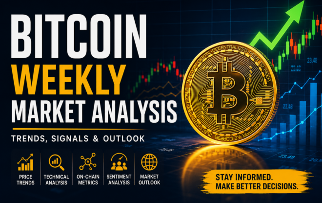 Bitcoin weekly market analysis dashboard featuring a gold Bitcoin coin, bullish price chart, technical indicators, on-chain metrics, market sentiment data, and cryptocurrency market trends.
