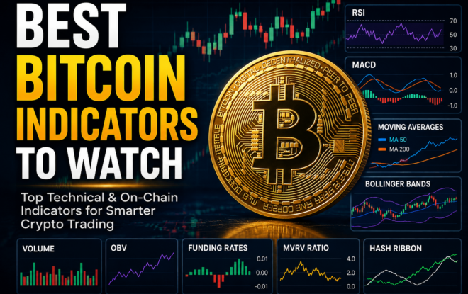 Best Bitcoin indicators dashboard featuring RSI, MACD, Bollinger Bands, Moving Averages, and Bitcoin price charts for technical and on-chain analysis.