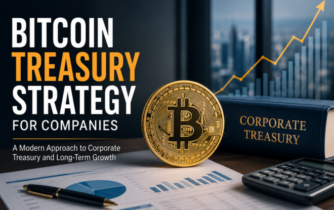 Bitcoin treasury strategy for companies featuring a corporate balance sheet, Bitcoin coin, financial charts, and long-term treasury growth planning.