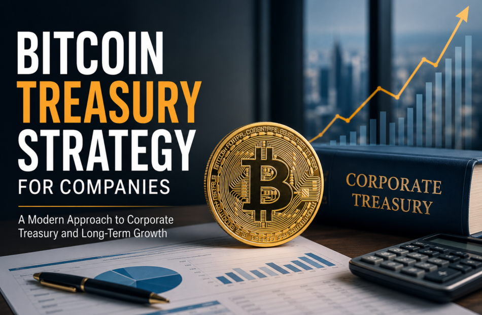 Bitcoin treasury strategy for companies featuring a corporate balance sheet, Bitcoin coin, financial charts, and long-term treasury growth planning.