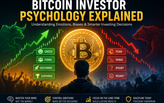 Bitcoin investor psychology explained with fear, greed, FOMO, and market emotions influencing cryptocurrency investment decisions.