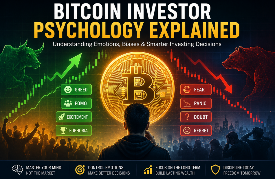 Bitcoin investor psychology explained with fear, greed, FOMO, and market emotions influencing cryptocurrency investment decisions.