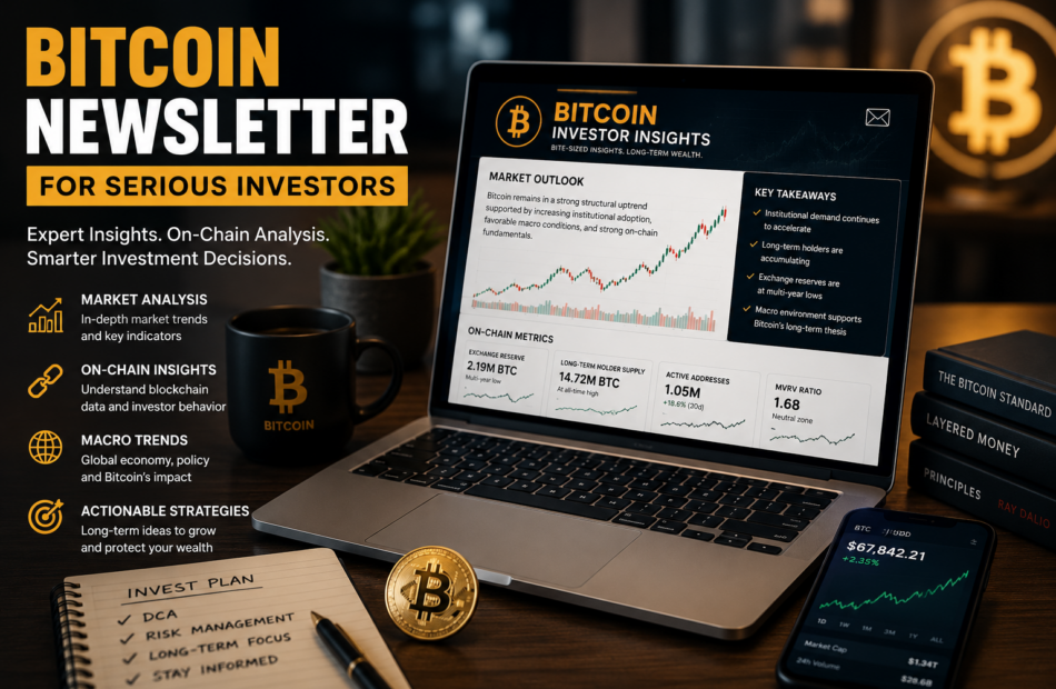 Bitcoin newsletter for serious investors showing market analysis and on-chain data on a professional trading workspace.