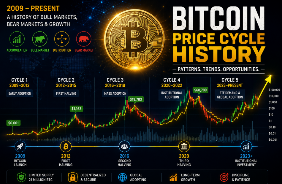 Bitcoin price cycle history showing major bull and bear market trends from 2009 to the present.