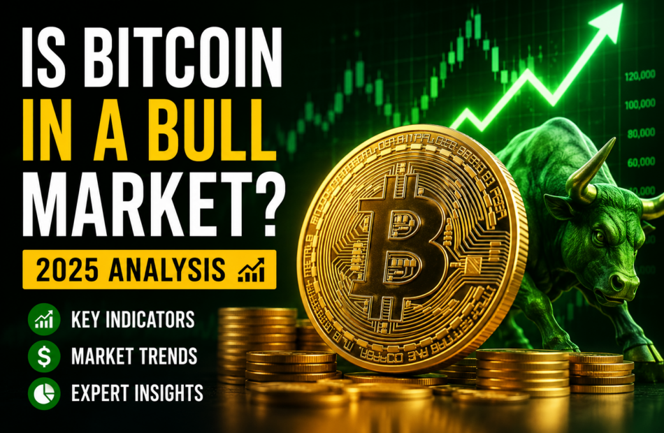 Is Bitcoin in a bull market 2025 with bullish price chart, Bitcoin coin, and bull market illustration