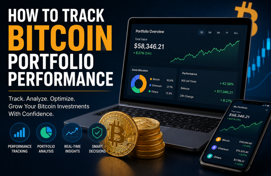 How to track Bitcoin portfolio performance dashboard showing portfolio analytics, ROI charts, asset allocation, and Bitcoin investment tracking tools.