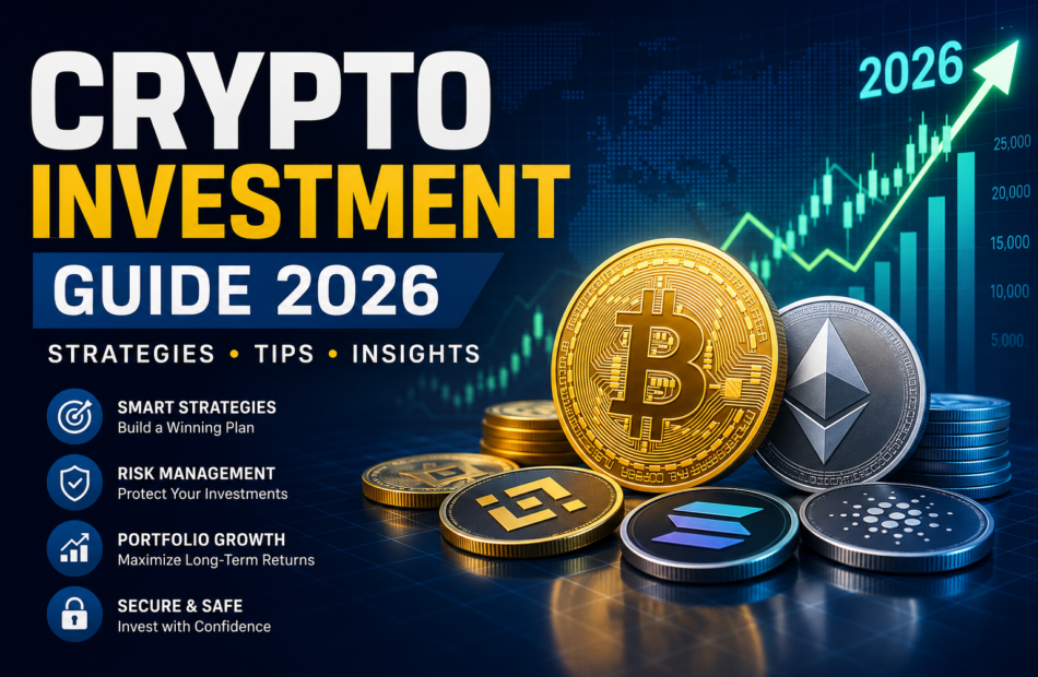 Crypto Investment Guide 2026 featuring Bitcoin, Ethereum, crypto portfolio strategy, blockchain technology, and digital asset market growth.