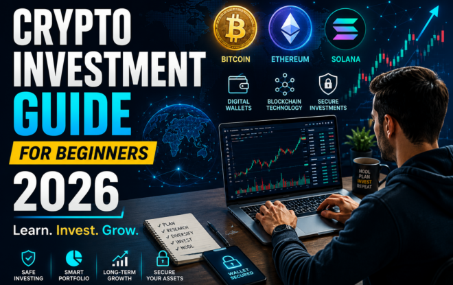 Crypto Investment Guide for Beginners 2026 featuring Bitcoin, Ethereum, blockchain technology, digital wallets, and a beginner analyzing cryptocurrency market charts.