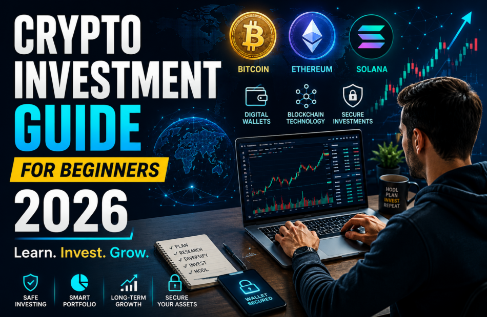 Crypto Investment Guide for Beginners 2026 featuring Bitcoin, Ethereum, blockchain technology, digital wallets, and a beginner analyzing cryptocurrency market charts.