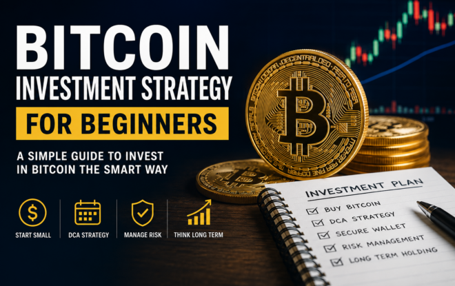 Bitcoin investment strategy for beginners with Bitcoin coins, DCA strategy, risk management, and long-term investment plan
