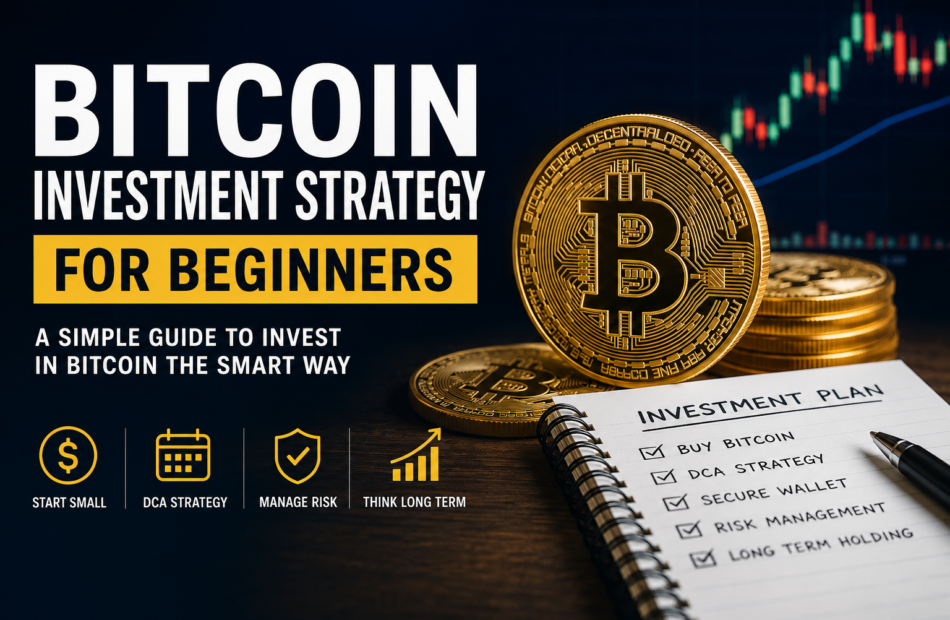 Bitcoin investment strategy for beginners with Bitcoin coins, DCA strategy, risk management, and long-term investment plan