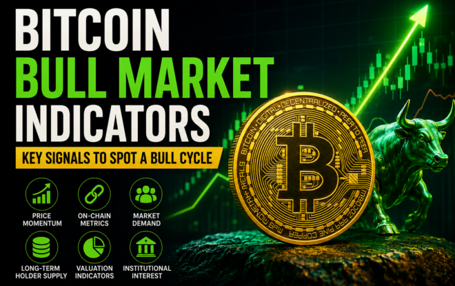 Bitcoin bull market indicators with rising price chart, Bitcoin coin, and bullish market signals