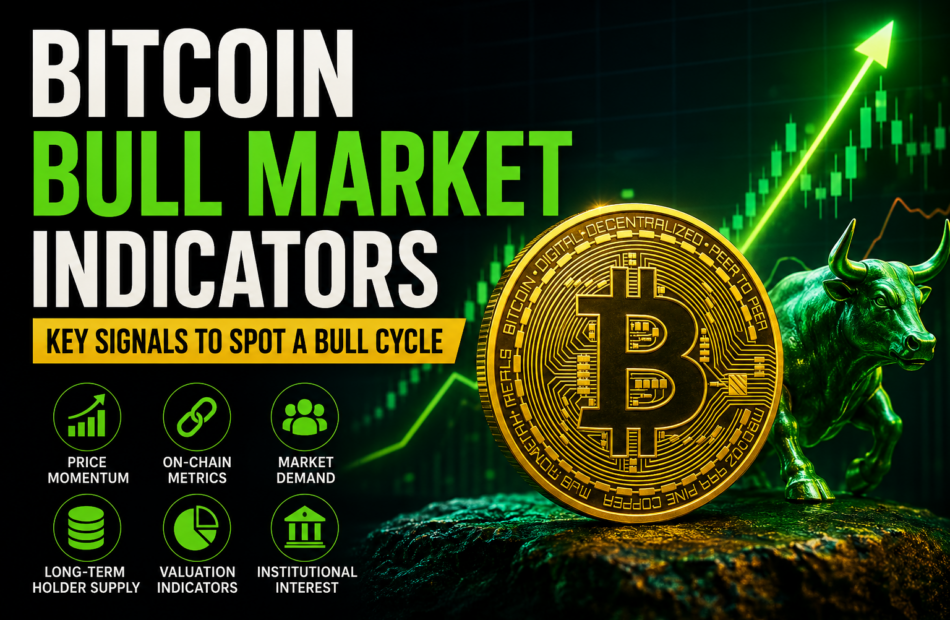 Bitcoin bull market indicators with rising price chart, Bitcoin coin, and bullish market signals