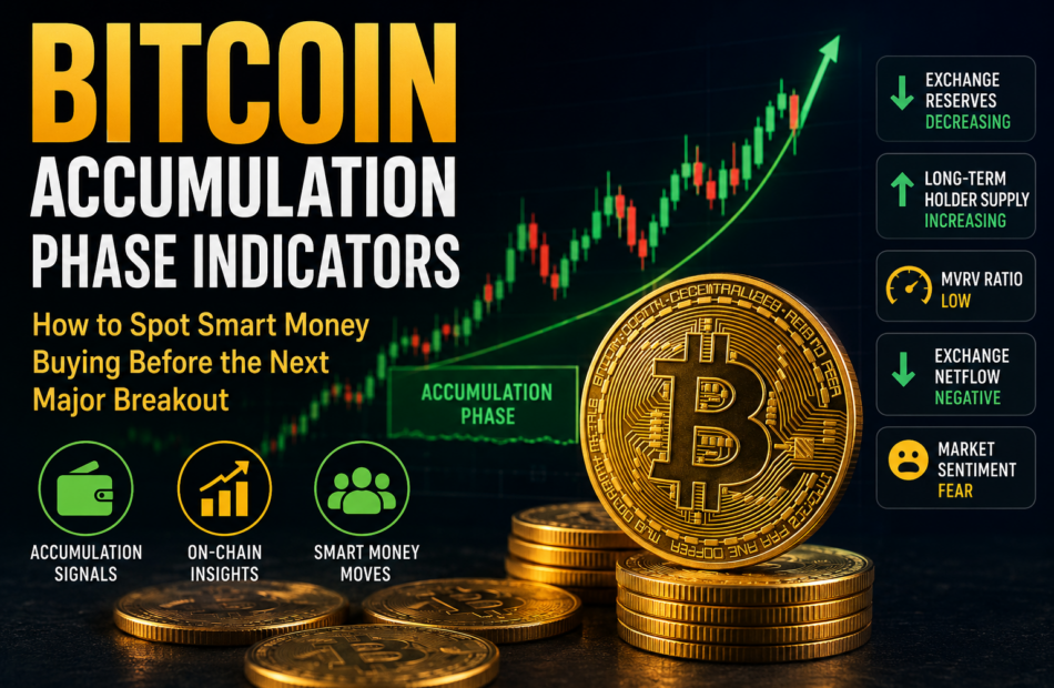 Bitcoin accumulation phase indicators illustration showing on-chain metrics, rising price chart, exchange reserve decline, and Bitcoin coins representing long-term buying opportunities.