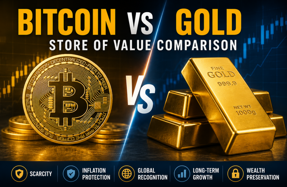 Bitcoin vs Gold store of value comparison showing a Bitcoin coin and gold bars with key differences in scarcity, inflation protection, and long-term wealth preservation.