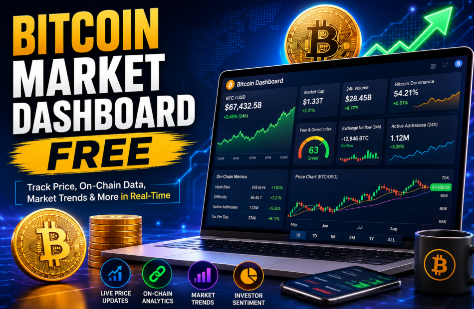 Bitcoin market dashboard free showing live BTC price charts, on-chain analytics, trading volume, and market indicators.
